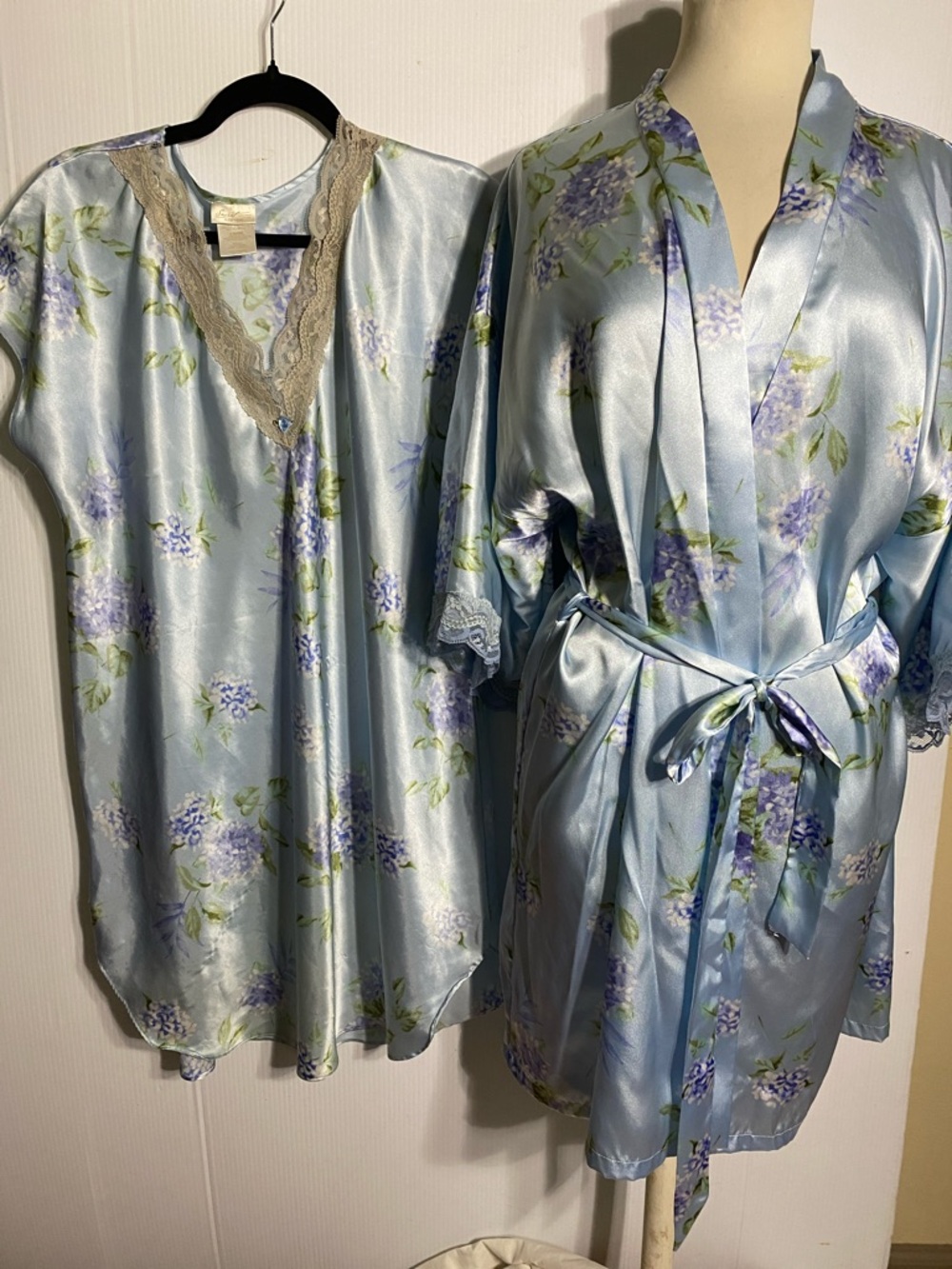 Light Blue Floral Satin Robe and Nightgown Set - Secret Treasures